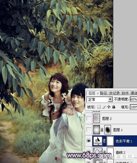 Photoshop下将树林婚片调成淡雅的中性黄青色19