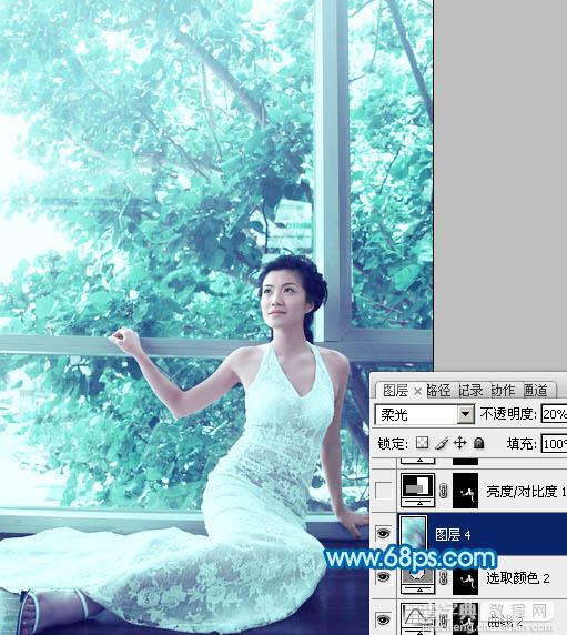 Photoshop为窗户边上的美女图片调制出梦幻的青绿色27