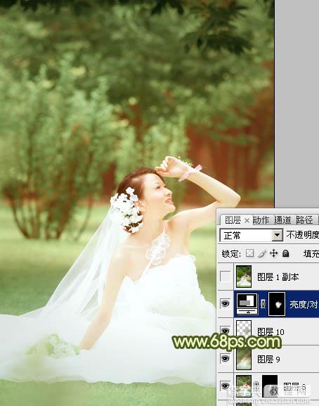 Photoshop将外景婚片调成淡淡的黄绿甜美色27