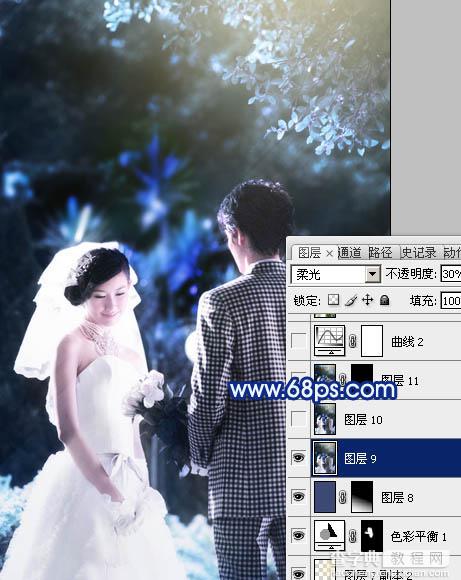 Photoshop将树林婚片调成梦幻的纯蓝色29