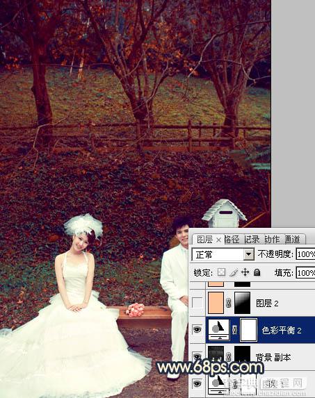 Photosho将公园婚片调制出漂亮的暗红色19