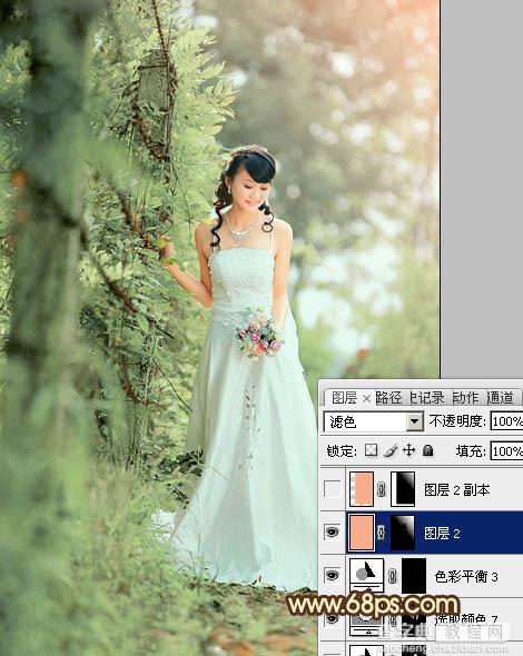 Photoshop将树林美女图片调制出甜美的粉绿色效果32