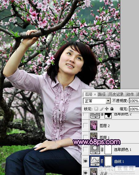 Photoshop将春季外景人物图片调成甜美的桃花色4