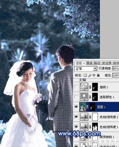 Photoshop将树林婚片调成梦幻的纯蓝色12