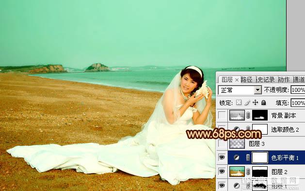 Photoshop将沙滩美女婚片调制出柔美的青黄色效果18