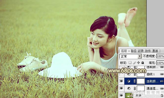 Photoshop为草地美女图片调制出柔和的粉黄色效果10