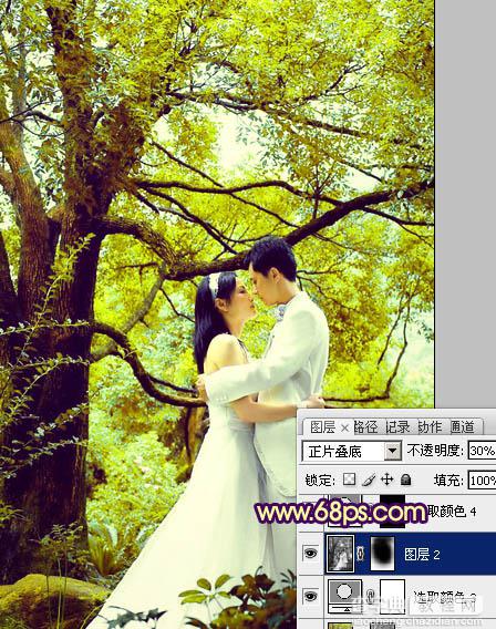 Photoshop为树林婚片加上柔和的黄绿色效果教材24