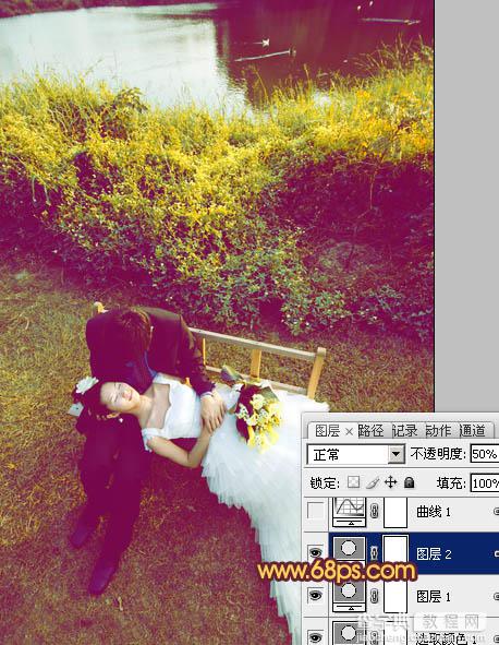 Photoshop为池塘边情侣图片增加上温暖的霞光色效果8