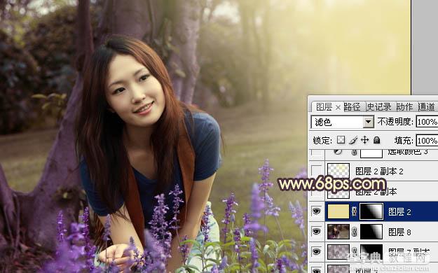 Photoshop将树林美女图片调成温馨的黄紫色19