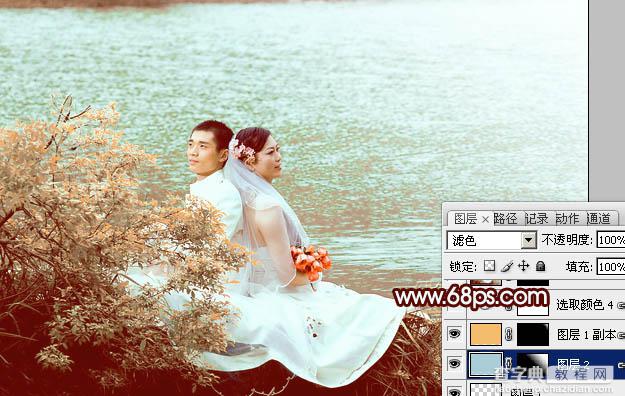 Photoshop将河景婚片打造出秋天风味的漂亮青黄色23