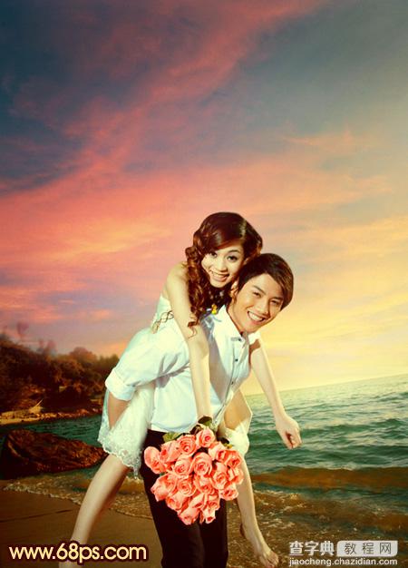 Photoshop将蓝色海景婚片调制成漂亮的晚霞阳光效果2