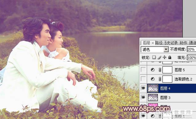 Photoshop调出湖景婚片甜美的紫黄色9