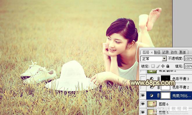Photoshop为草地美女图片调制出柔和的粉黄色效果31