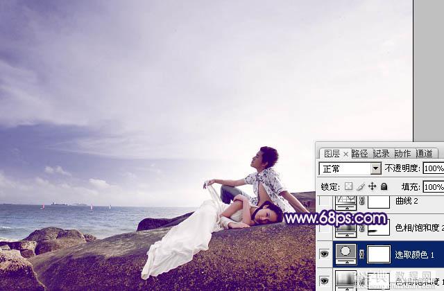 Photoshop制作经典蓝紫色海景婚片14