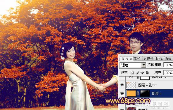 Photosho将树林情侣图片调成灿烂的橙红22