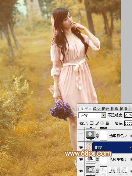Photoshop为树林美女图片调制出柔和的淡黄早秋色14