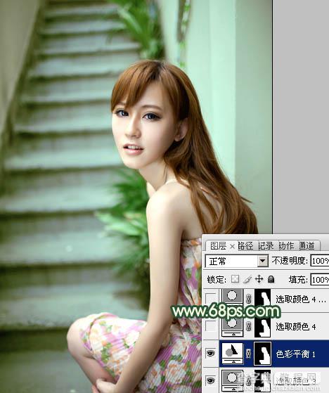 Photoshop将楼梯边美女图片调制出甜美的青绿色效果20