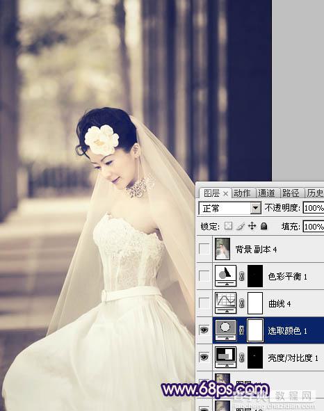 Photoshop制作古典暗蓝色外景美女婚片21