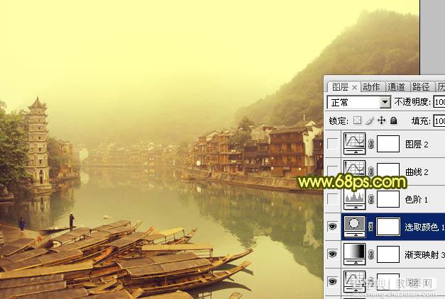Photoshop为江畔小镇添加绚丽的朝霞色18