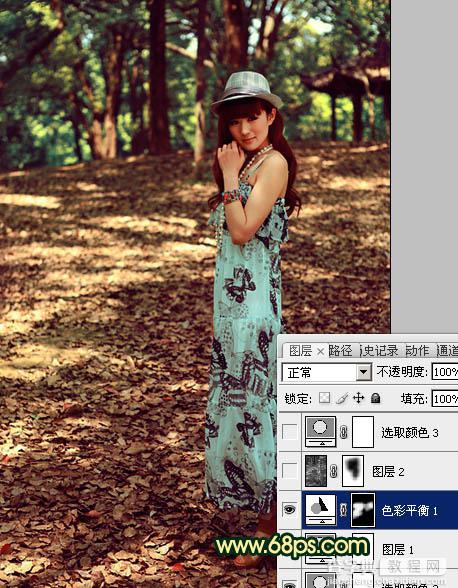 Photoshop将树林美女图片调成柔和的暗调红青色21