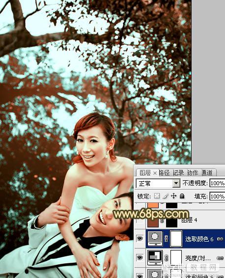 Photoshop将树林婚片打造出经典暗调青黄色效果30