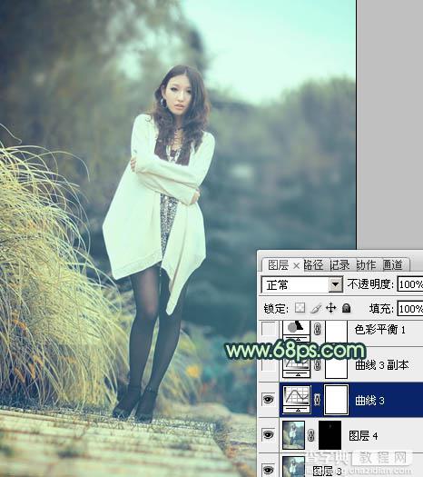 Photoshop给为绿荫中的人物图片调制出韩系淡青色效果26