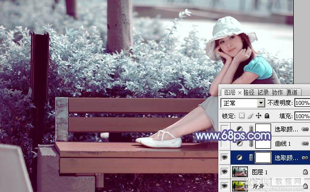 Photoshop将公园美女图片调制出梦幻唯美的淡调青紫色9