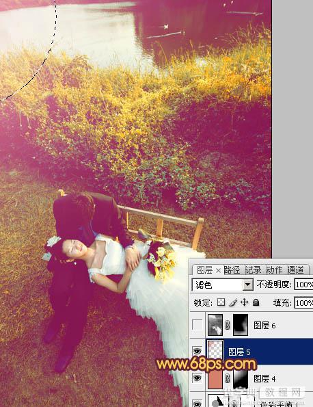 Photoshop为池塘边情侣图片增加上温暖的霞光色效果22
