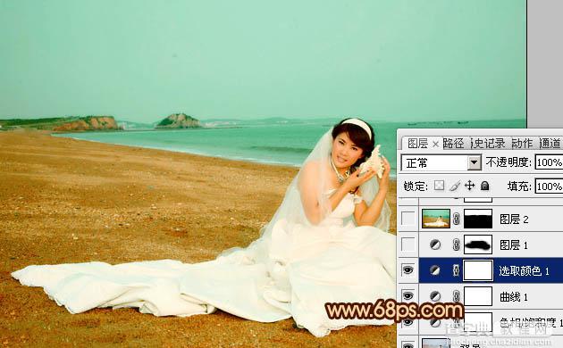 Photoshop将沙滩美女婚片调制出柔美的青黄色效果13