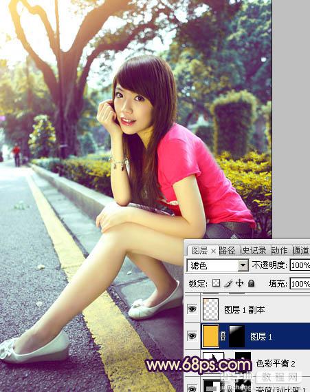 Photoshop将公路人物图片调成灿烂的暖色调27