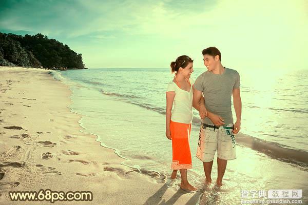 Photoshop将海滩情侣图片调成温馨的暖色调效果22