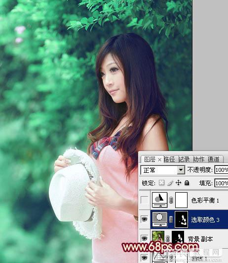 Photoshop将树林美女图片调成甜美的青绿色21
