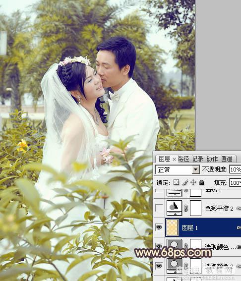 Photoshop为树林婚片调制出柔和的古典黄绿色效果17