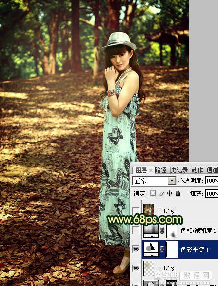 Photoshop将树林美女图片调成柔和的暗调红青色35