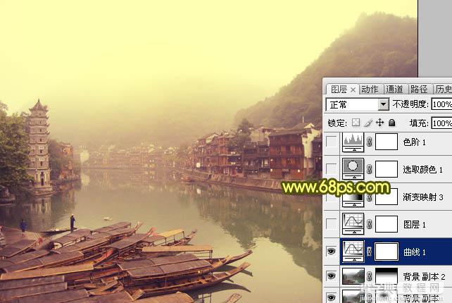 Photoshop为江畔小镇添加绚丽的朝霞色12