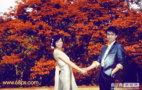 Photosho将树林情侣图片调成灿烂的橙红21