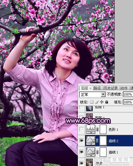 Photoshop将春季外景人物图片调成甜美的桃花色13