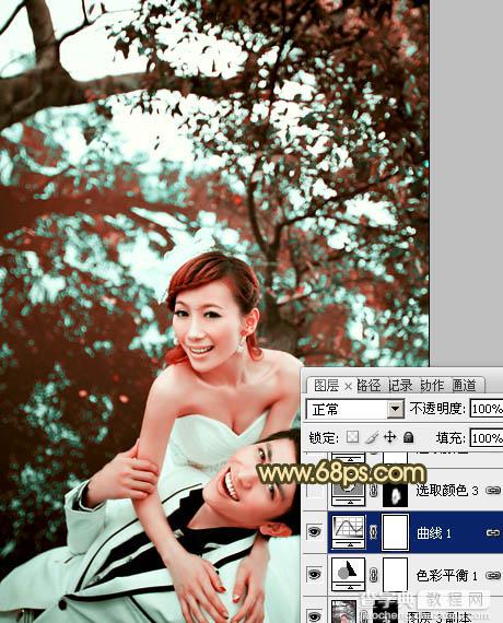 Photoshop将树林婚片打造出经典暗调青黄色效果16