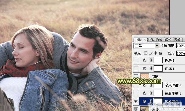 Photoshop将外景情侣图片调成古典暗调黄绿色5