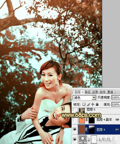 Photoshop将树林婚片打造出经典暗调青黄色效果31