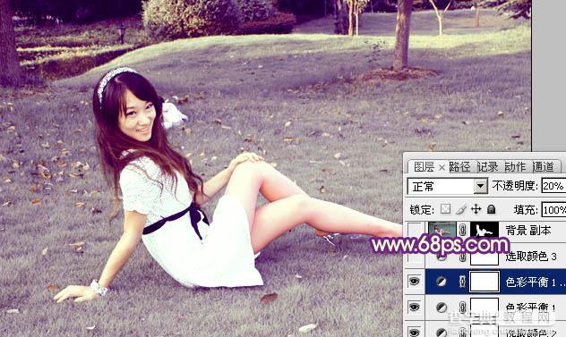 Photoshop将外景草地美女图片调制出淡淡甜美的青紫色25