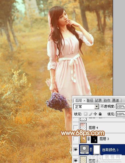 Photoshop为树林美女图片调制出柔和的淡黄早秋色28