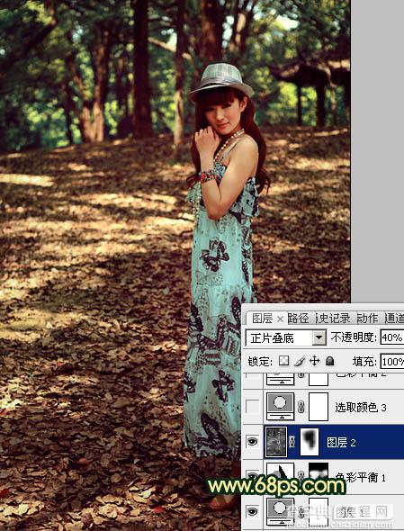 Photoshop将树林美女图片调成柔和的暗调红青色22
