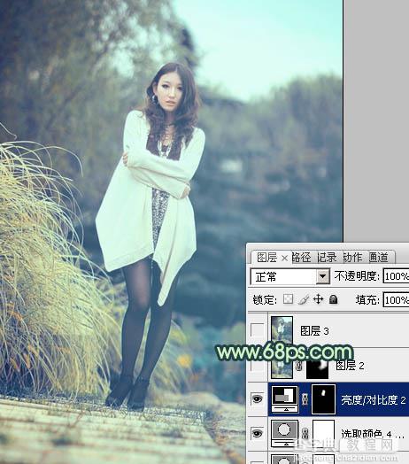 Photoshop给为绿荫中的人物图片调制出韩系淡青色效果23