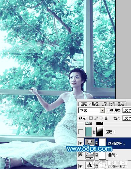 Photoshop为窗户边上的美女图片调制出梦幻的青绿色16