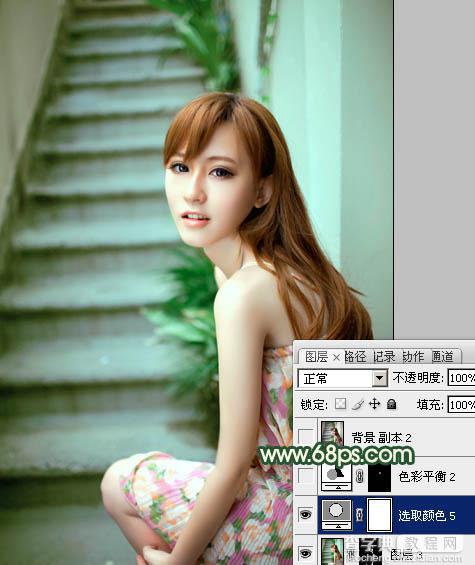 Photoshop将楼梯边美女图片调制出甜美的青绿色效果28