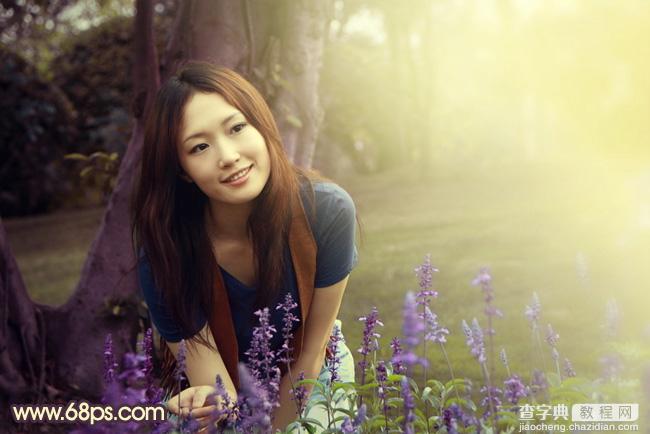 Photoshop将树林美女图片调成温馨的黄紫色2