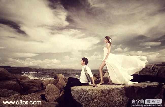 Photoshop下将海景婚片调成古典黄褐色2