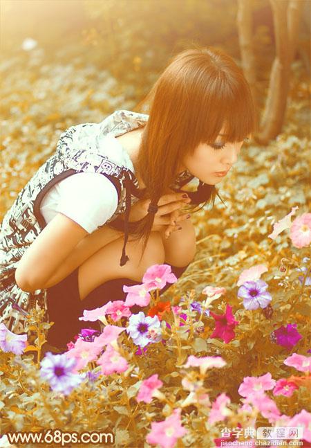 Photoshop为蹲在草地看花的美女图片增加上柔和的黄褐阳光色效果2
