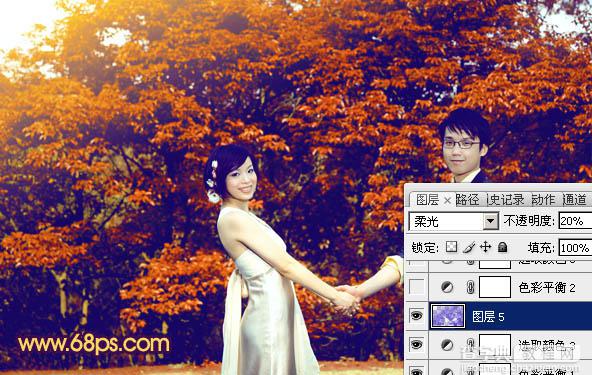 Photosho将树林情侣图片调成灿烂的橙红29